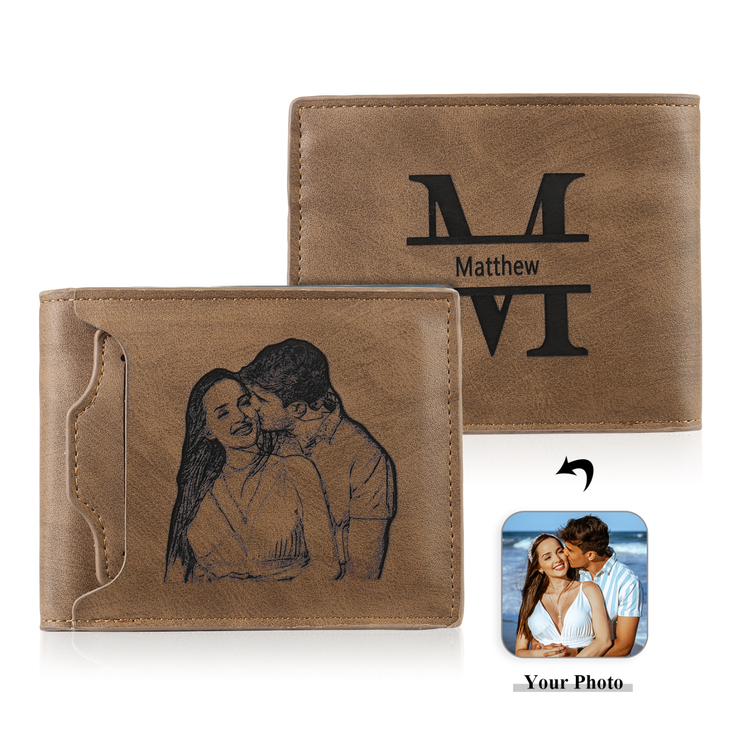 Cartera, billetera personalizada con 1 foto, 1 nombre y 1 letra monedero para hombre-Jessemade ES
