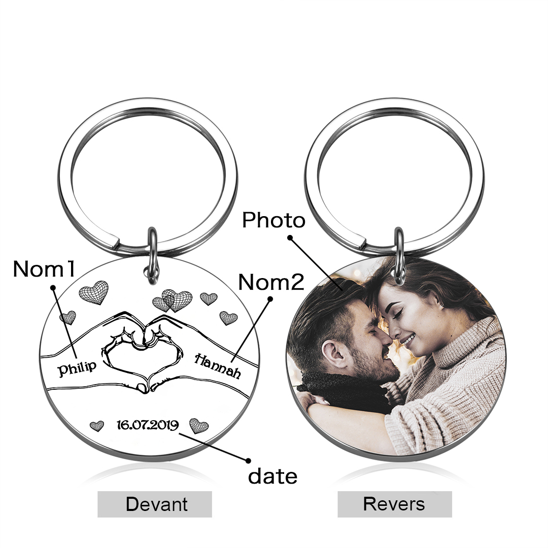 Llavero para pareja Corazón posado con manos 2 nombres, fecha y 1 foto personalizados-Jessemade ES