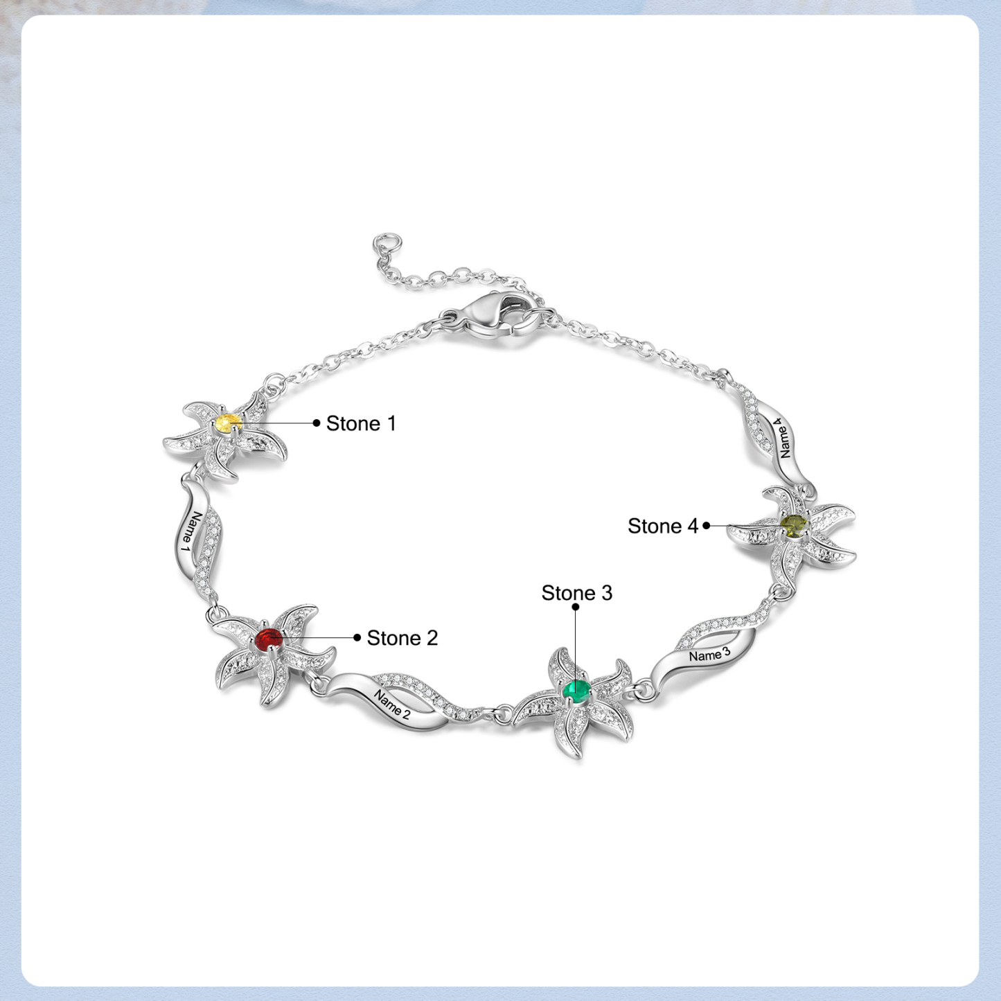 Pulsera con dije de estrella de mar para mujer personalizada con 4 nombres y 4 piedras de nacimiento-Jessemade ES