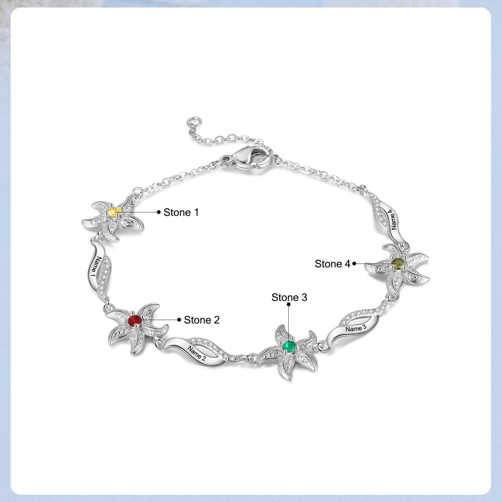 Pulsera con dije de estrella de mar para mujer personalizada con 4 nombres y 4 piedras de nacimiento-Jessemade ES