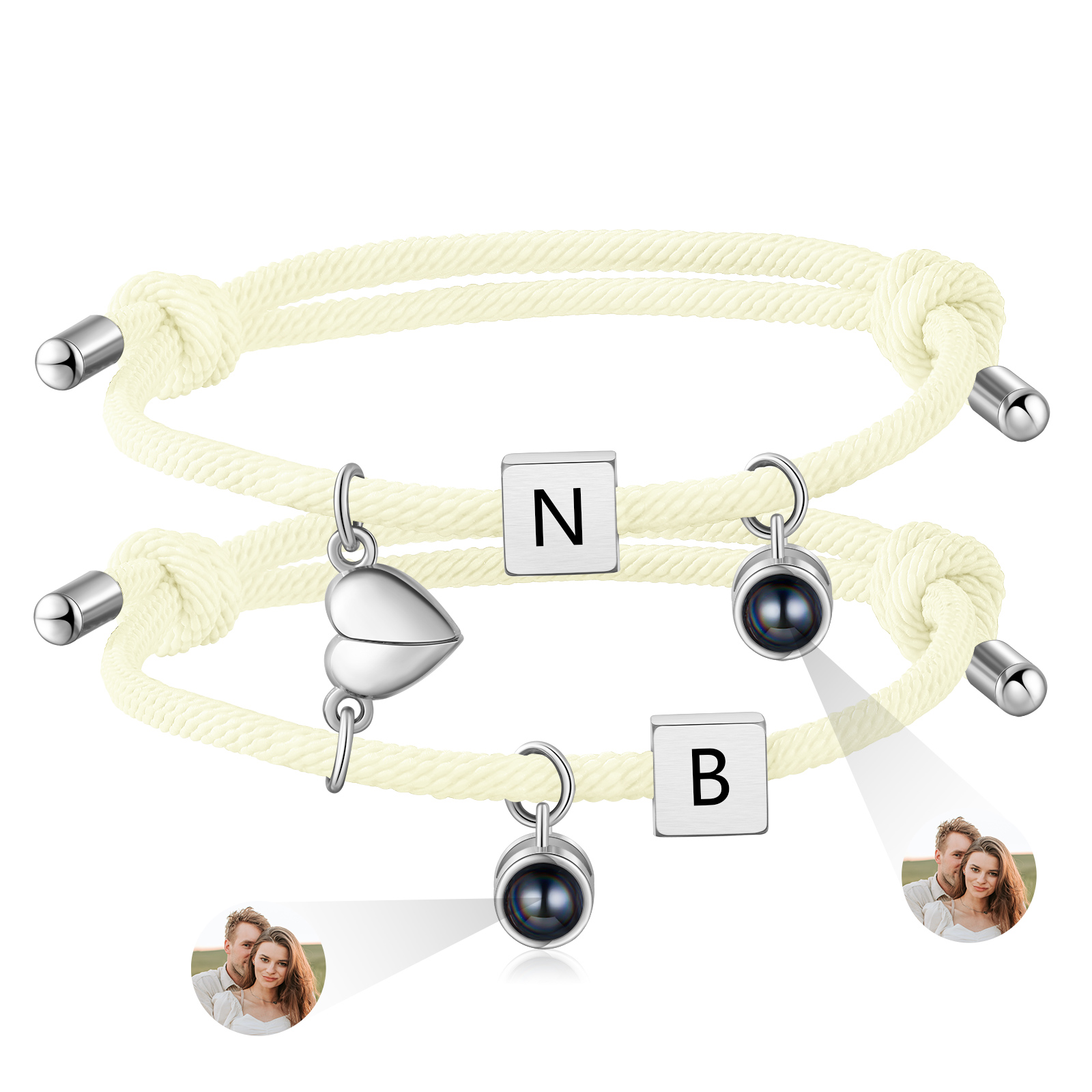 Pulsera de cuerda para pareja personalizada con 2 letras con proyección de foto y dije de corazón magnético-Jessemade ES