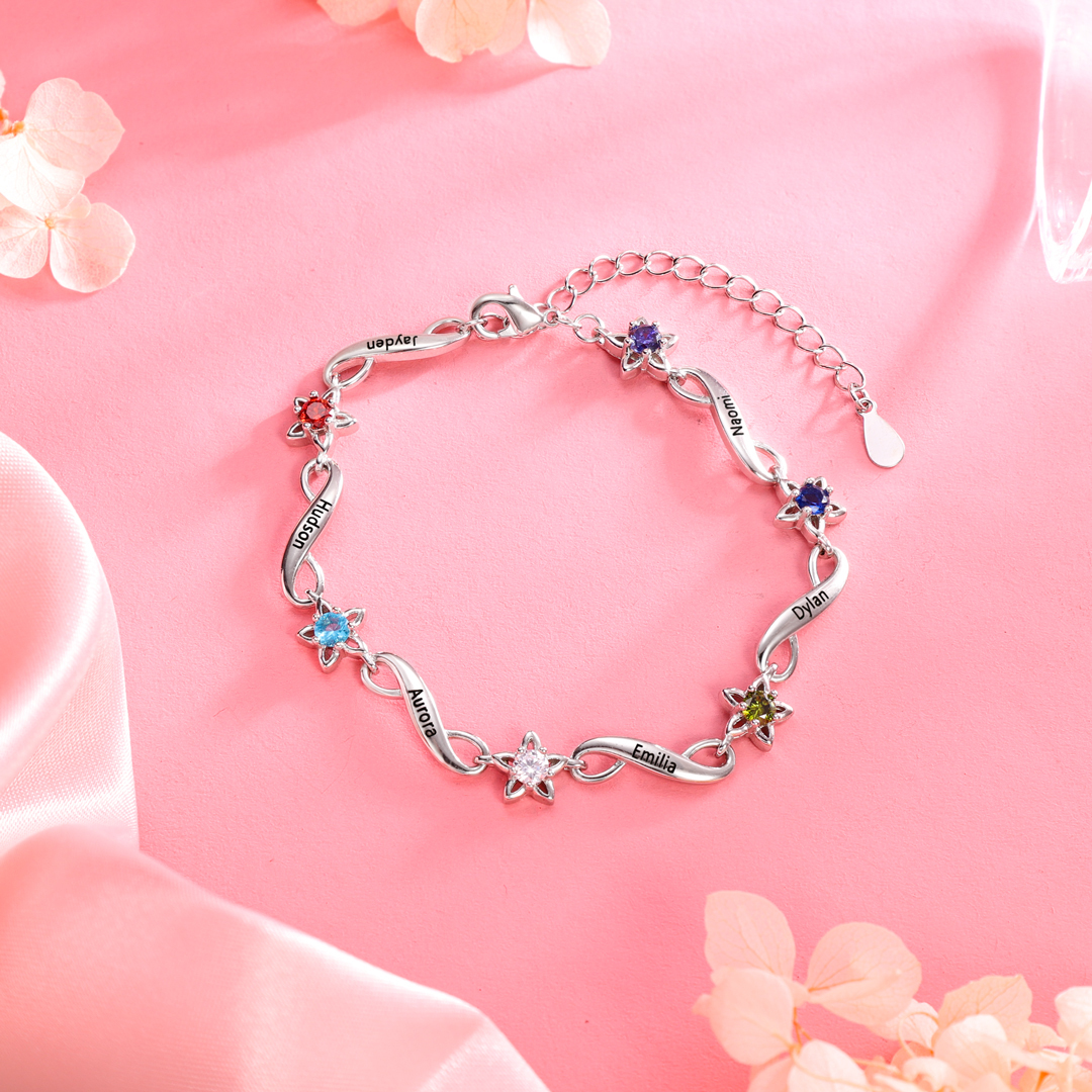 Pulsera "infinito" personalizada con 6 nombres y 6 piedras de nacimiento de corazón-Jessemade ES