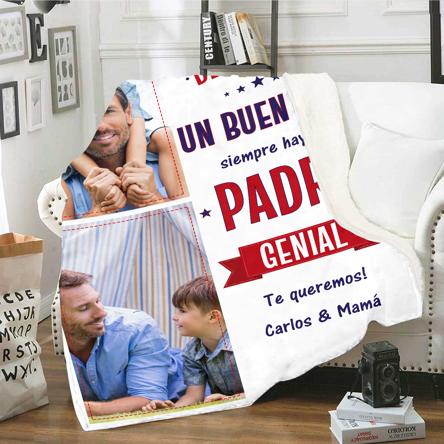 A mi padre - Manta de buen calidad con frase amoroso y personalizada con 2 fotos y 1 texto-Jessemade ES