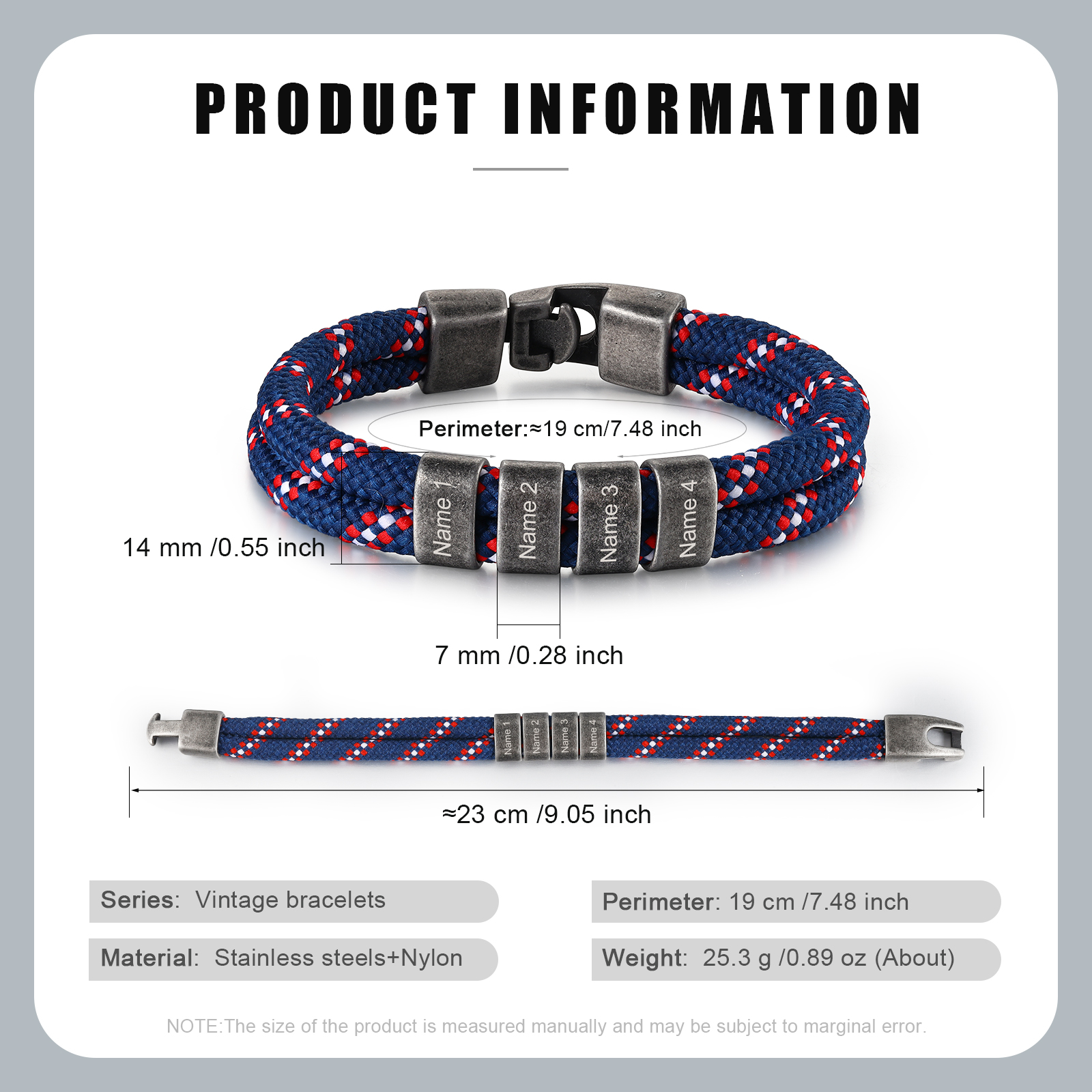 2-4 Nombres Personalizados Pulsera de Cuerda Azul Marino con Rojo y Blanco Aros de Acero Inoxidable-Jessemade ES