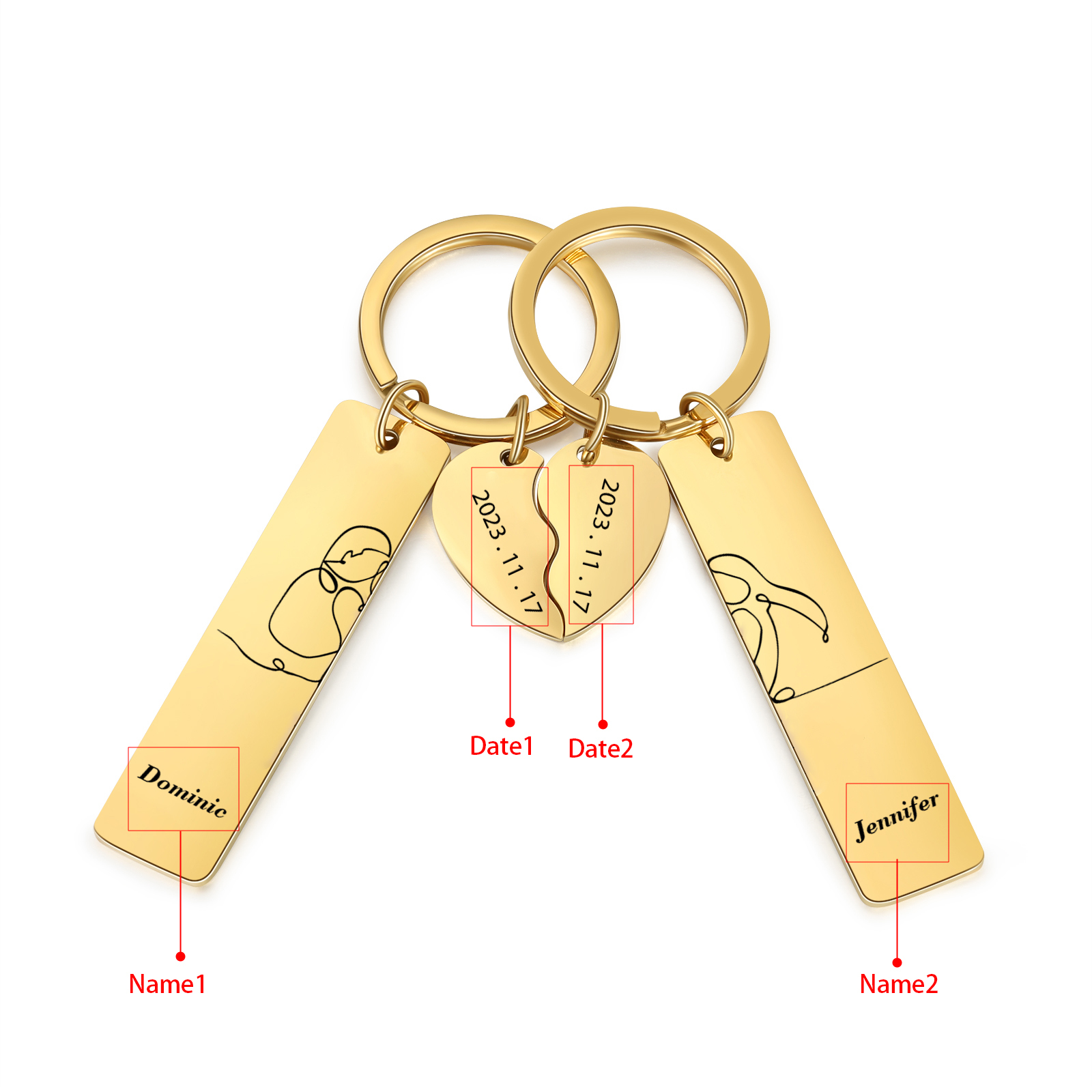 Llavero para pareja siluetas 2 nombres personalizados con fecha dije de medio corazón-Jessemade ES