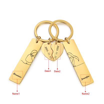 Llavero para pareja siluetas 2 nombres personalizados con fecha dije de medio corazón-Jessemade ES