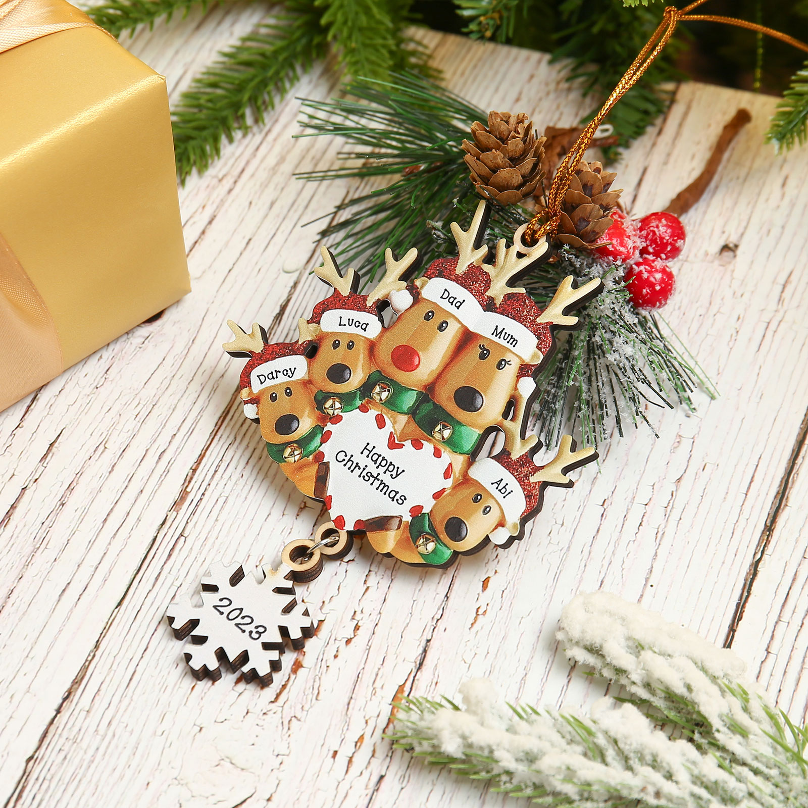 Navidad-Ornamentos Navideños de Madera Renos 5 Nombres con Texto y Año Personalizados