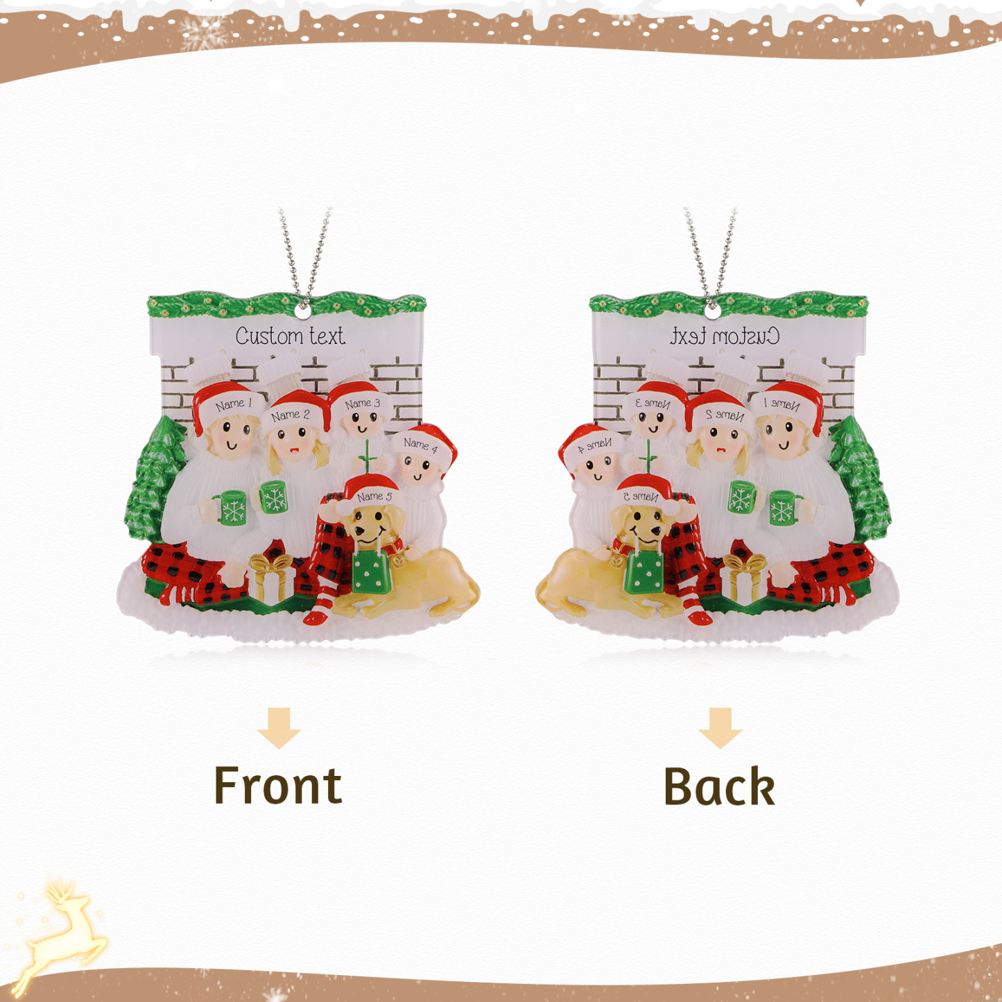 Navidad-Muñecos Ornamentos Navideños Familia con Perro 5 Nombres y Texto Personalizados