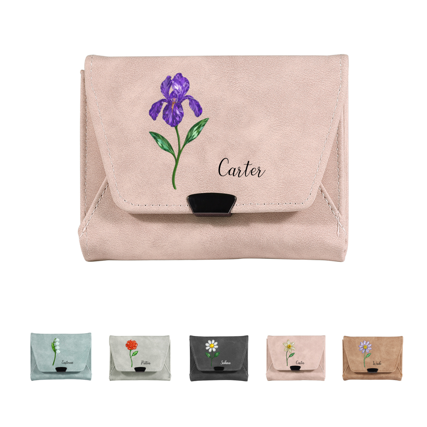 Cartera de cuero personalizada para mujer con flor de nacimiento y nombre