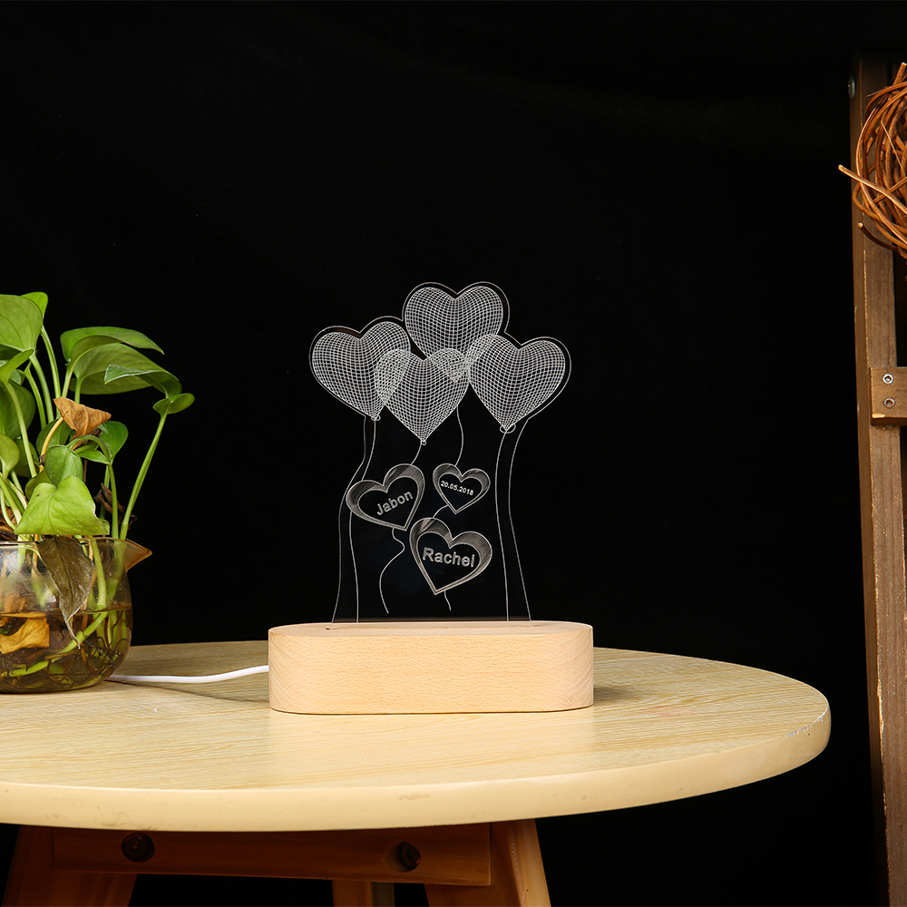 Lámpara de globo de corazón 3D Ilusión Luz de Noche LED 3 nombres personalizados