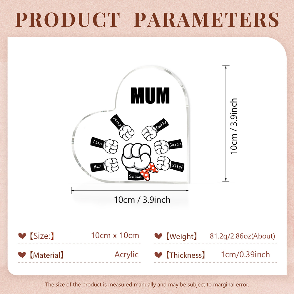 A mi mamá/abuela-Placa de acrílico "Puños" en forma de corazón 7 nombres y 1 texto personalizados-Jessemade ES