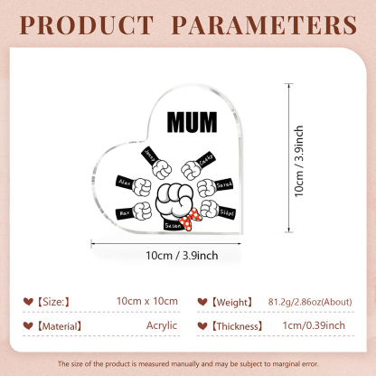 A mi mamá/abuela-Placa de acrílico "Puños" en forma de corazón 7 nombres y 1 texto personalizados-Jessemade ES