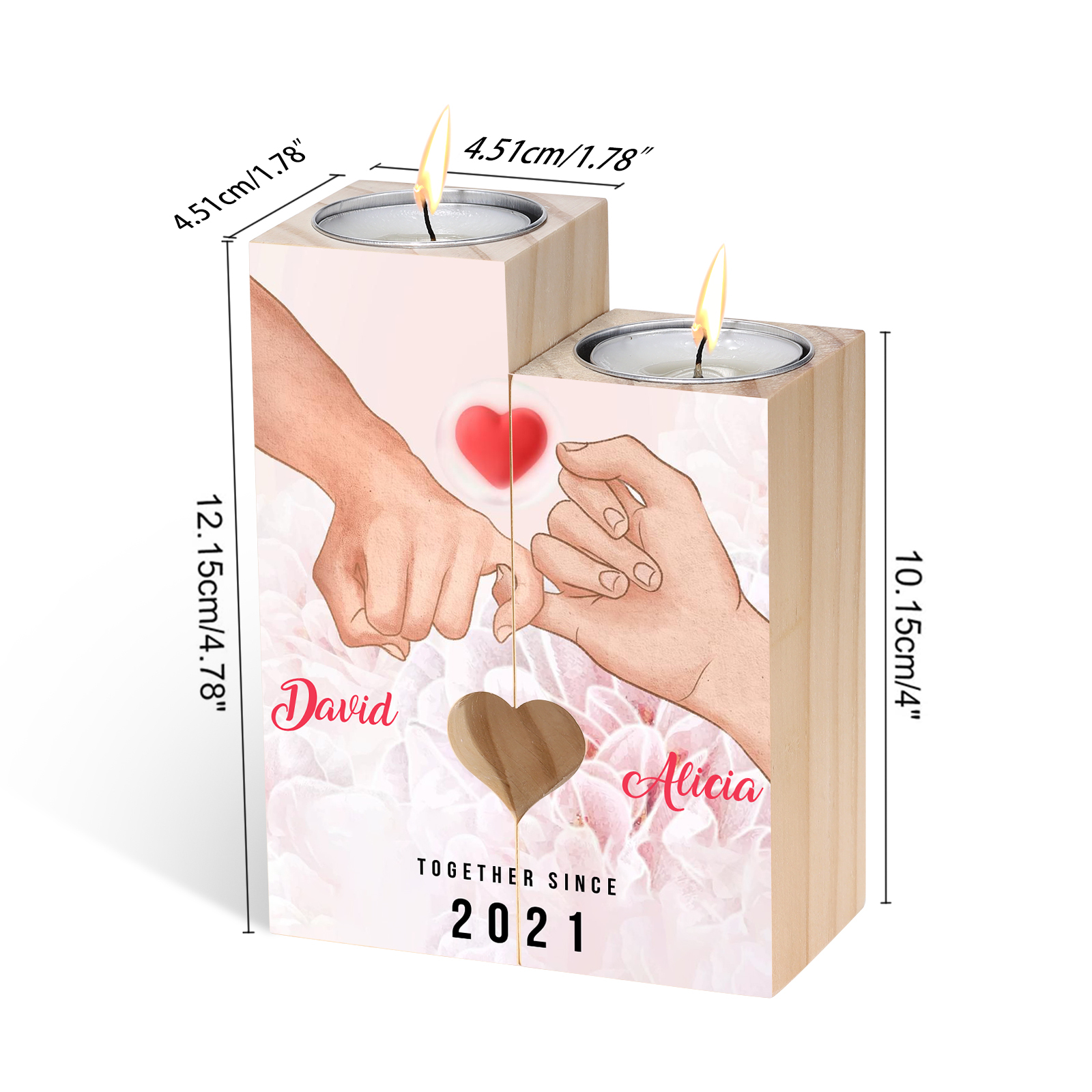 Candelero de dedos cogidos para pareja de madera de dos piezas sin candela con 2 nombres y texto personalizados y año-Jessemade ES