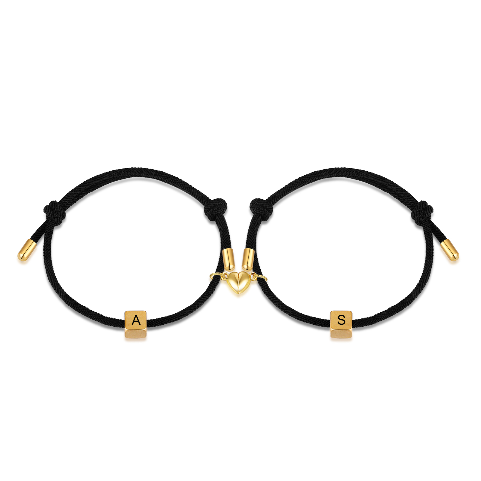 Pulseras de cuerda personalizadas para pareja con dije de corazón magnético grabado de dos letras-Jessemade ES