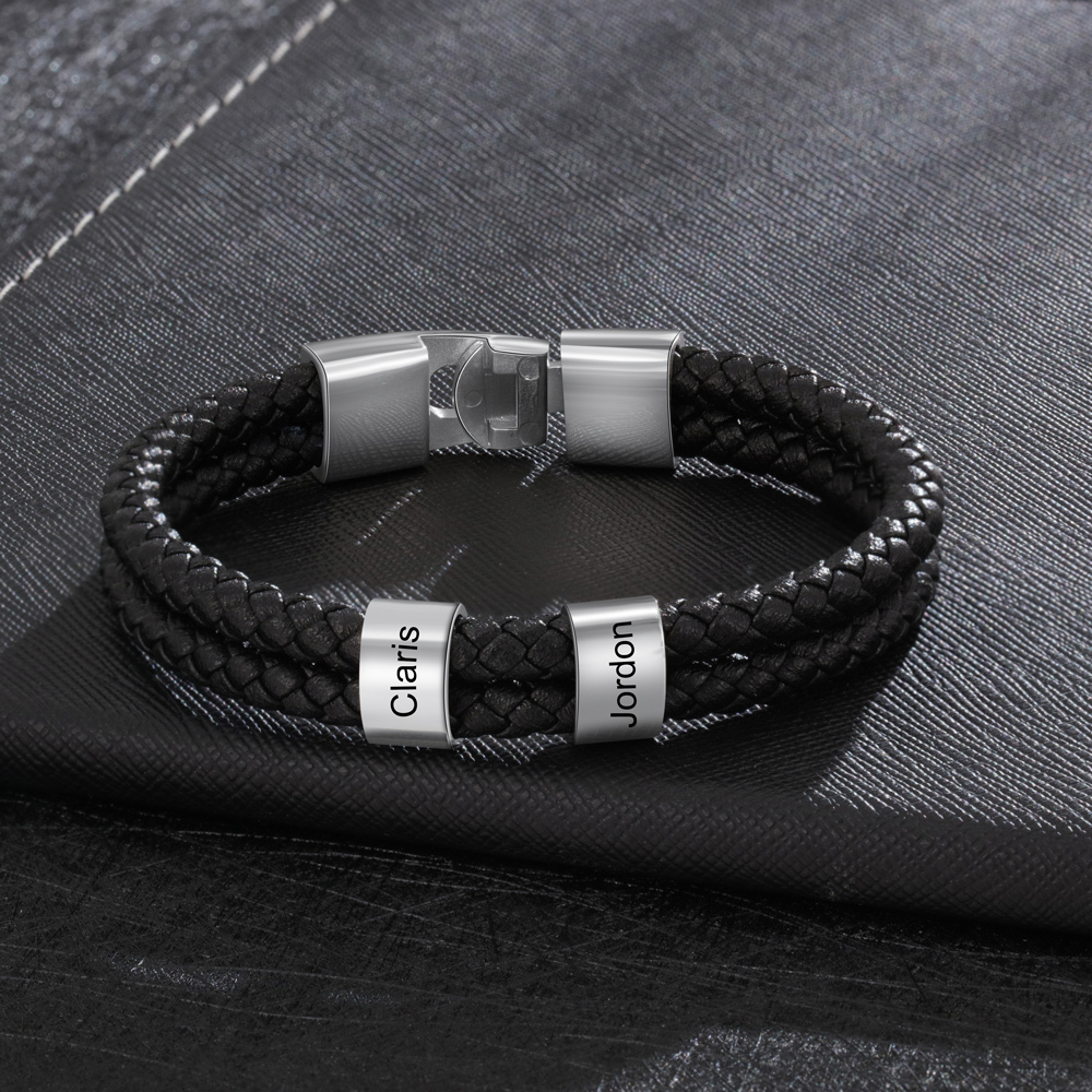 Pulsera 1-8 Nombres Personalizados de Cuero Trenzado con Aros-Jessemade ES
