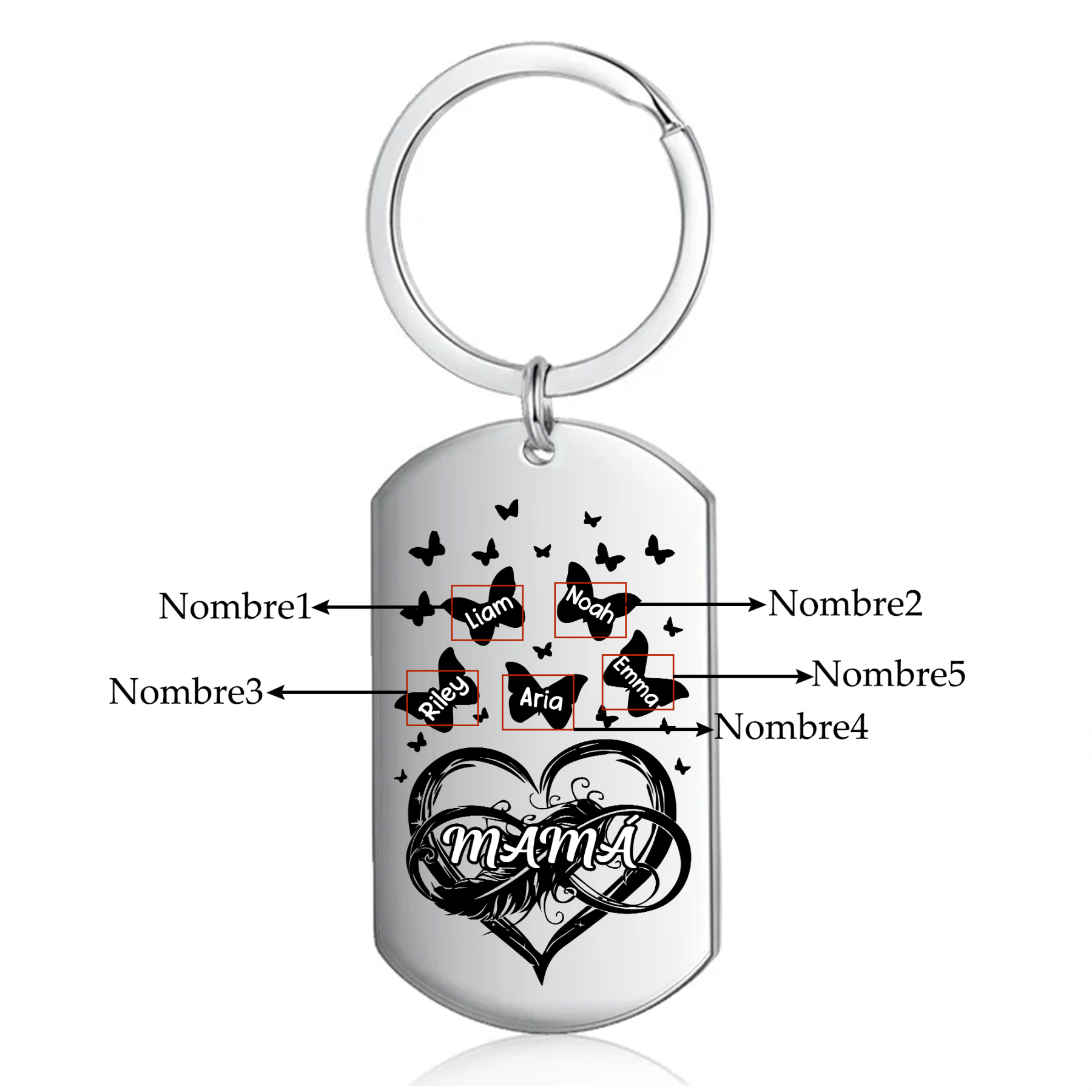 A mi mamá-Llavero 2-6 Nombres Personalizados CORAZÓN Y MARIPOSAS-Jessemade ES
