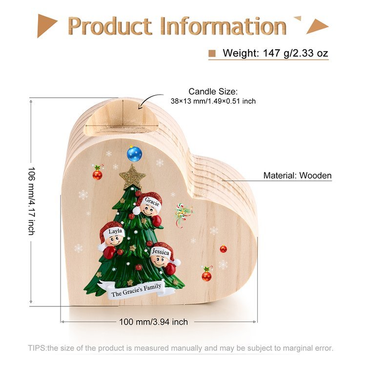 Navidad - Candelero de corazón de madera árbol de familia personalizado con 3 nombres y 1 texto sin vela-Jessemade ES