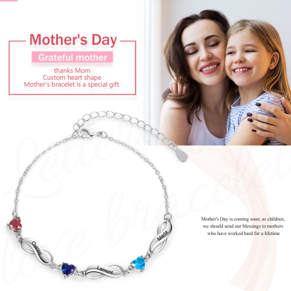 Pulsera "infinito" personalizada con 3 nombres y 3 piedras de nacimiento de corazón-Jessemade ES