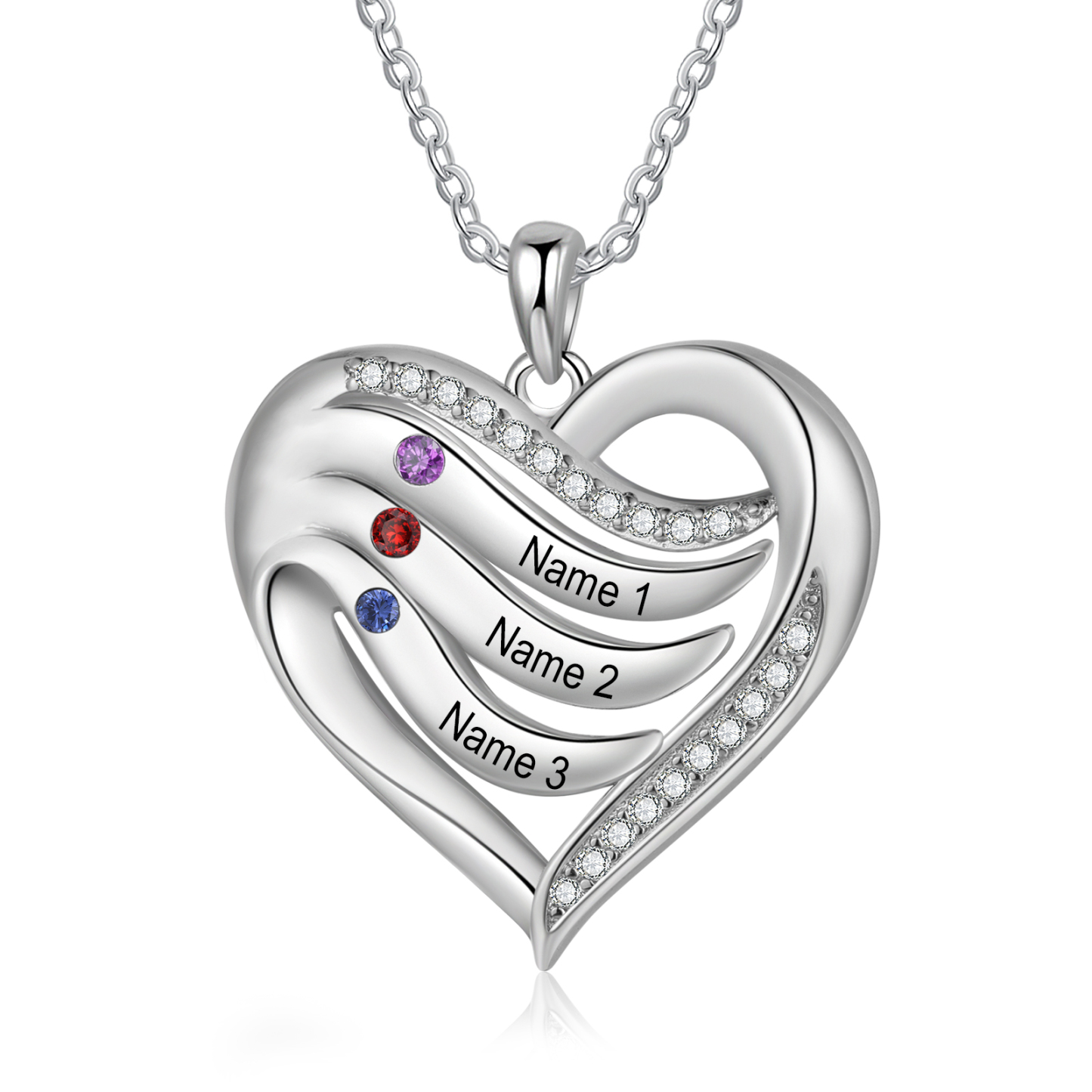 Collar de corazón de plata 925 con 3 nombres y piedras de nacimiento personalizados-Jessemade ES