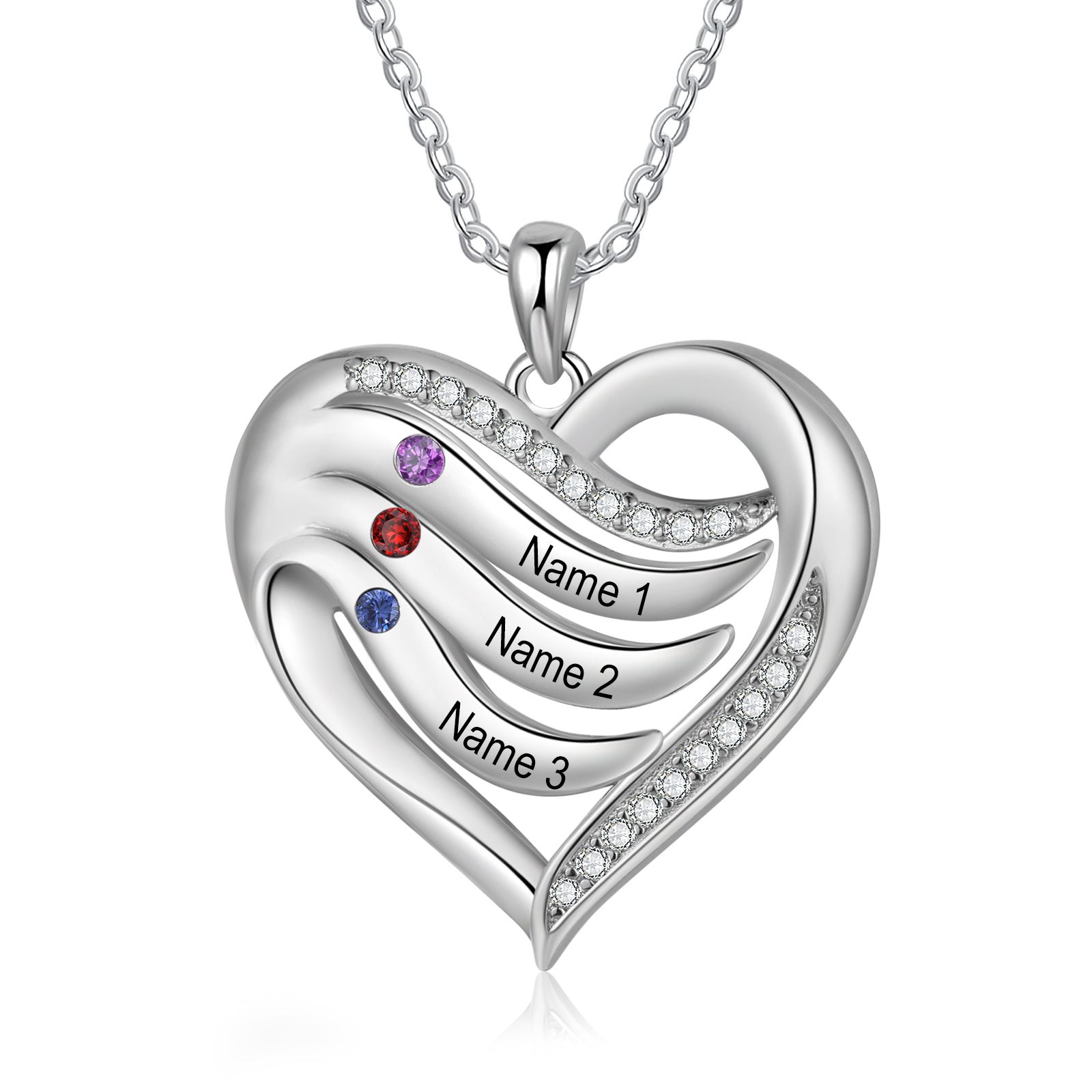 Collar de corazón de plata 925 con 3 nombres y piedras de nacimiento personalizados-Jessemade ES