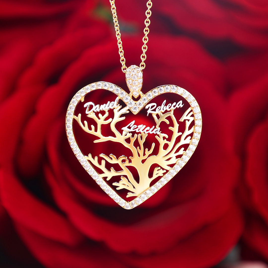 Collar con colgante de árbol de la vida en forma de corazón Árbol Genealógico 3 nombres-Jessemade ES