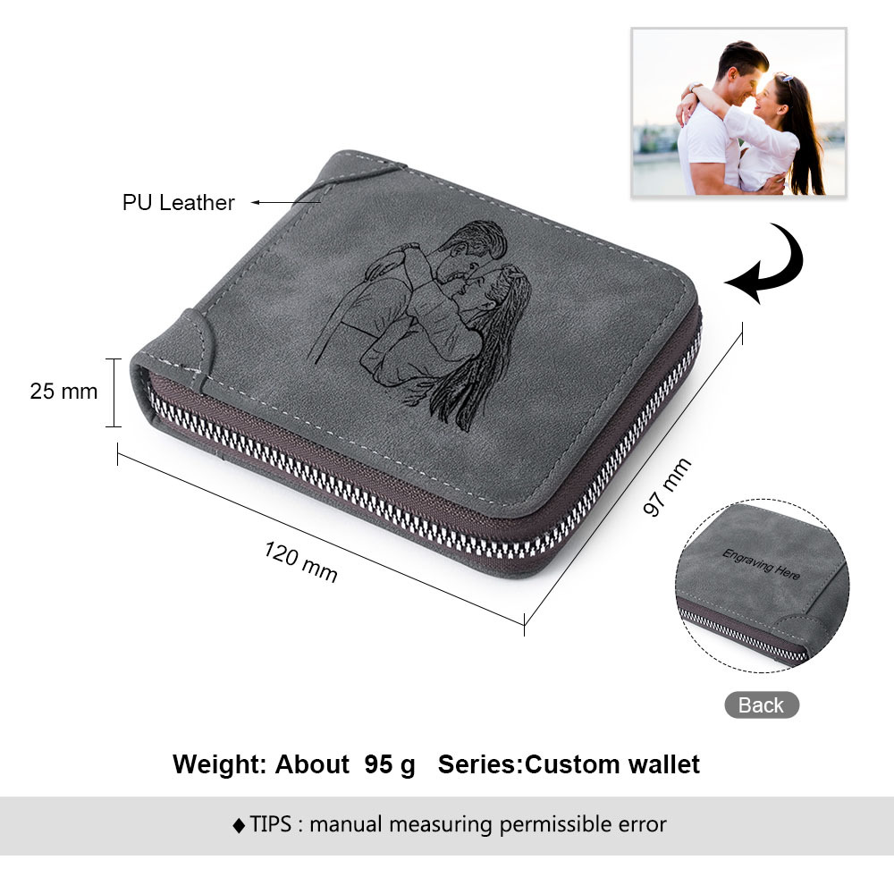 Cartera, billetera con cierre con 1 foto y 3 textos personalizados, monedero clásico para hombre | Jessemade