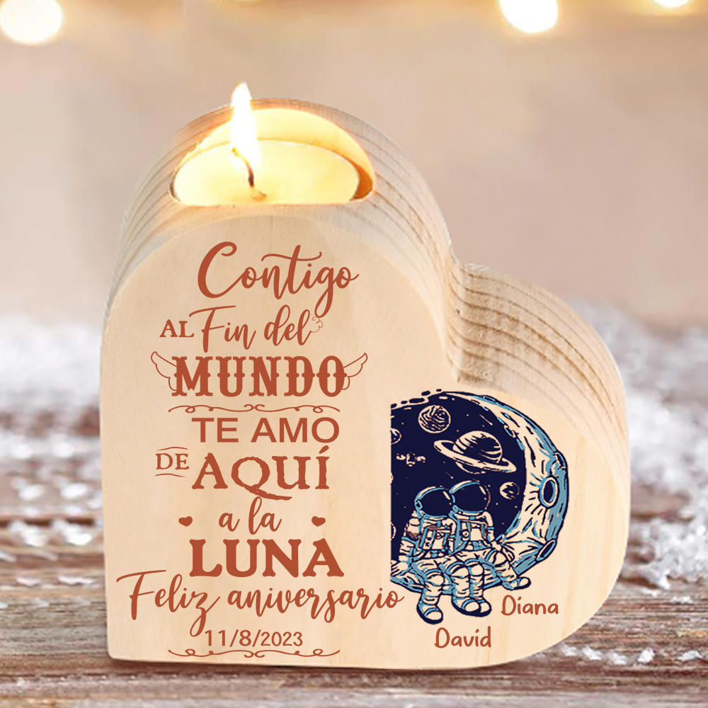 Aniversario-Candelero de madera para pareja con texto amoroso y luna sin vela personalizado con nombres y fecha-Jessemade ES