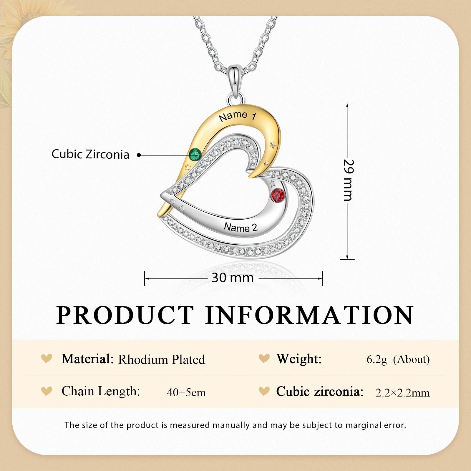 Collar de corazón con 2 nombres y piedras de nacimiento personalizados-Jessemade ES