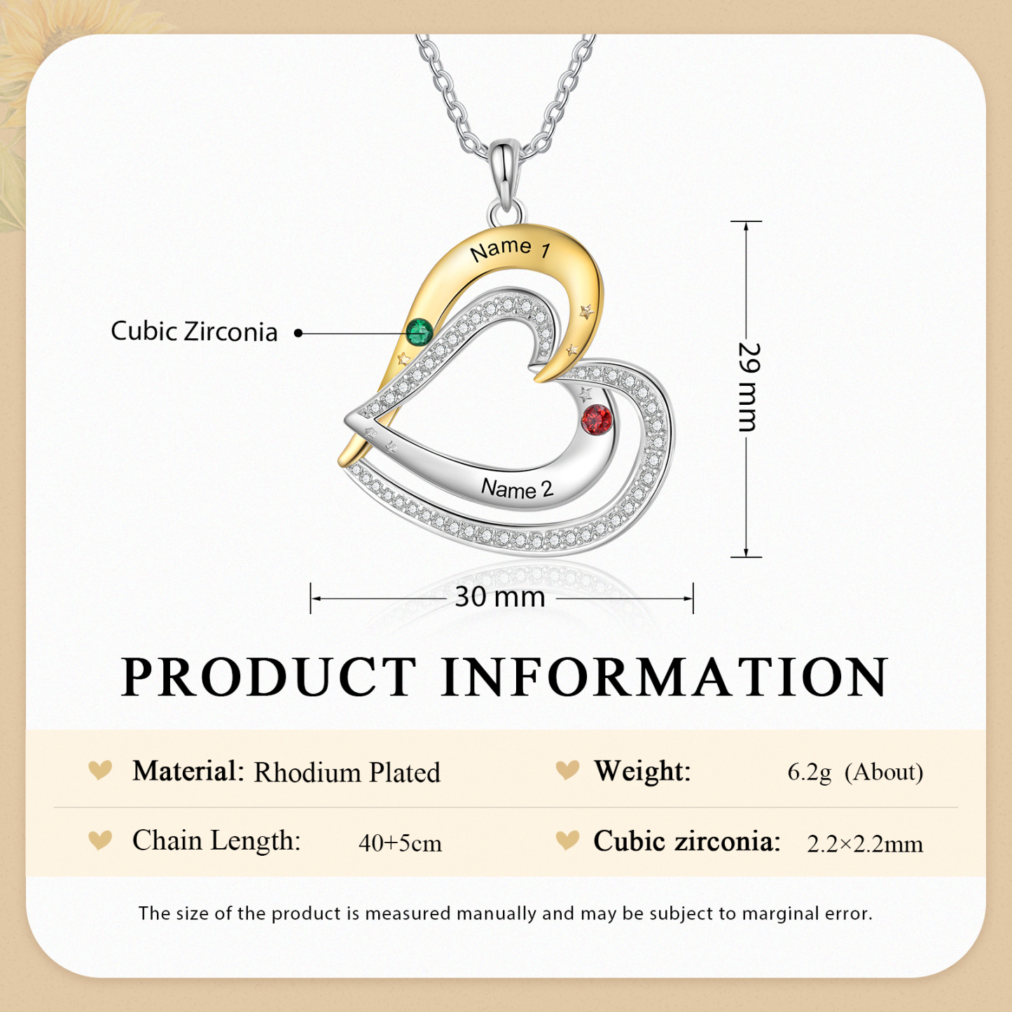 Collar de corazón con 2 nombres y piedras de nacimiento personalizados-Jessemade ES