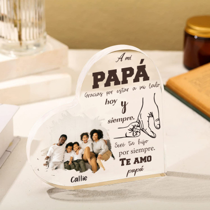 A mi papá-Placa de acrílico en forma de corazón papá e hijo con 1 nombre y 1 foto personalizados-Jessemade ES