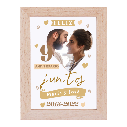Marco con lámpara aniversario de 1 foto de madera para pareja 2 textos y número personalizados-Jessemade ES