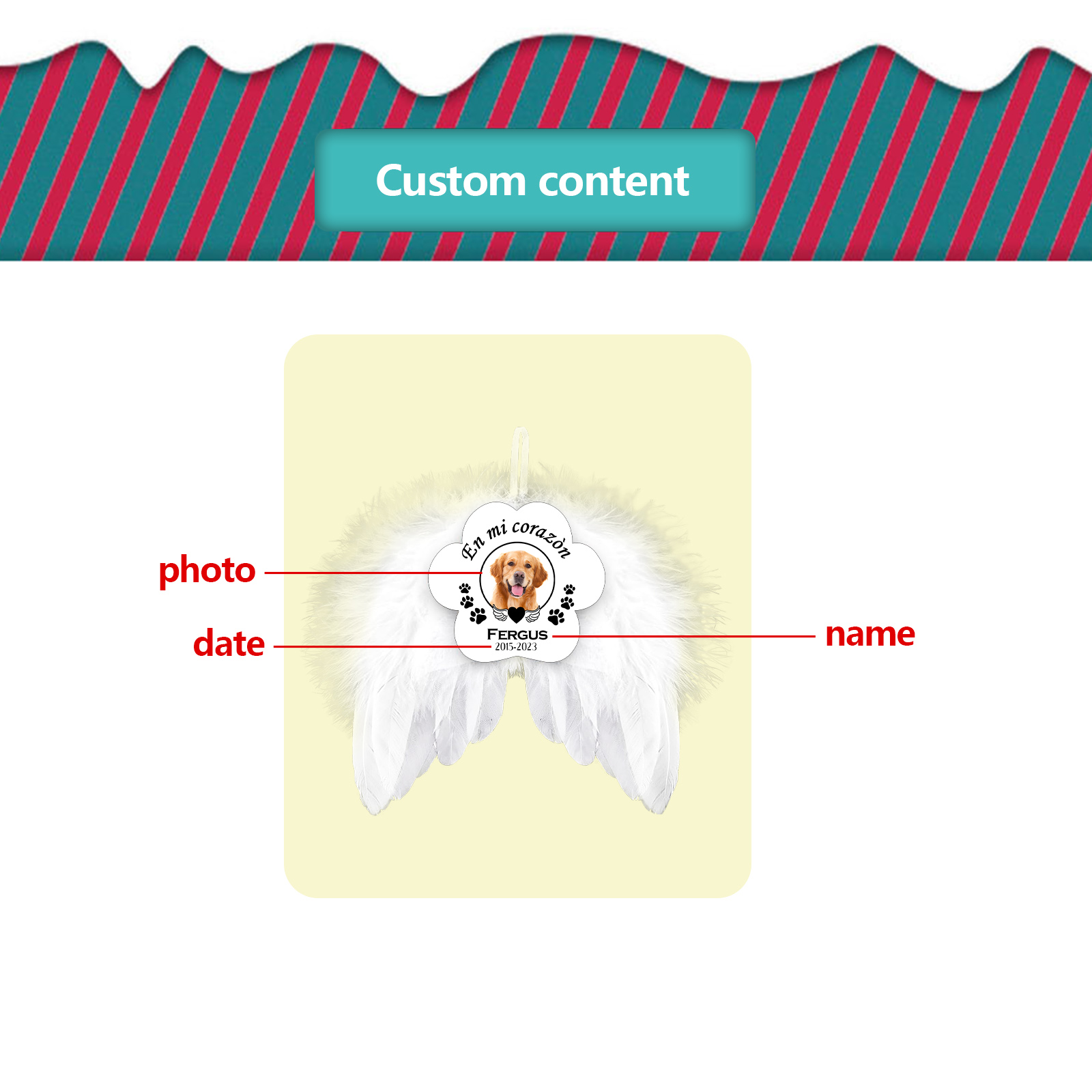 Navidad-Ornamento navideño alas de ángel en memoria de perros con 1 foto, 1 nombre y años personalizados-Jessemade ES