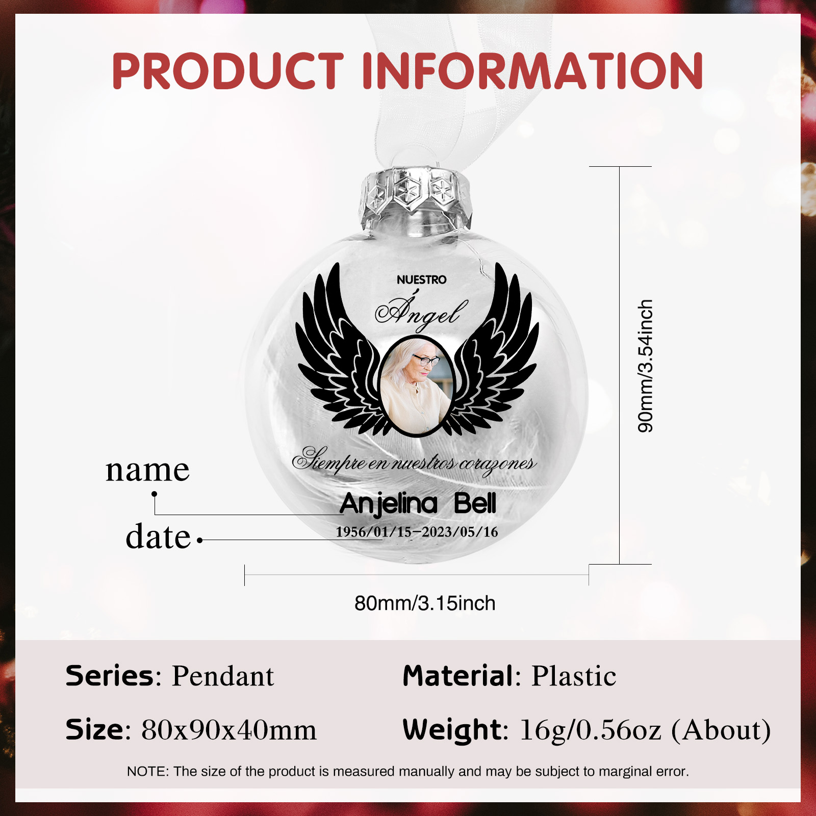 Bola navideña conmemorativa Adorno de Navidad 1 nombre, 1 foto y años personalizados con pluma -Jessemade ES