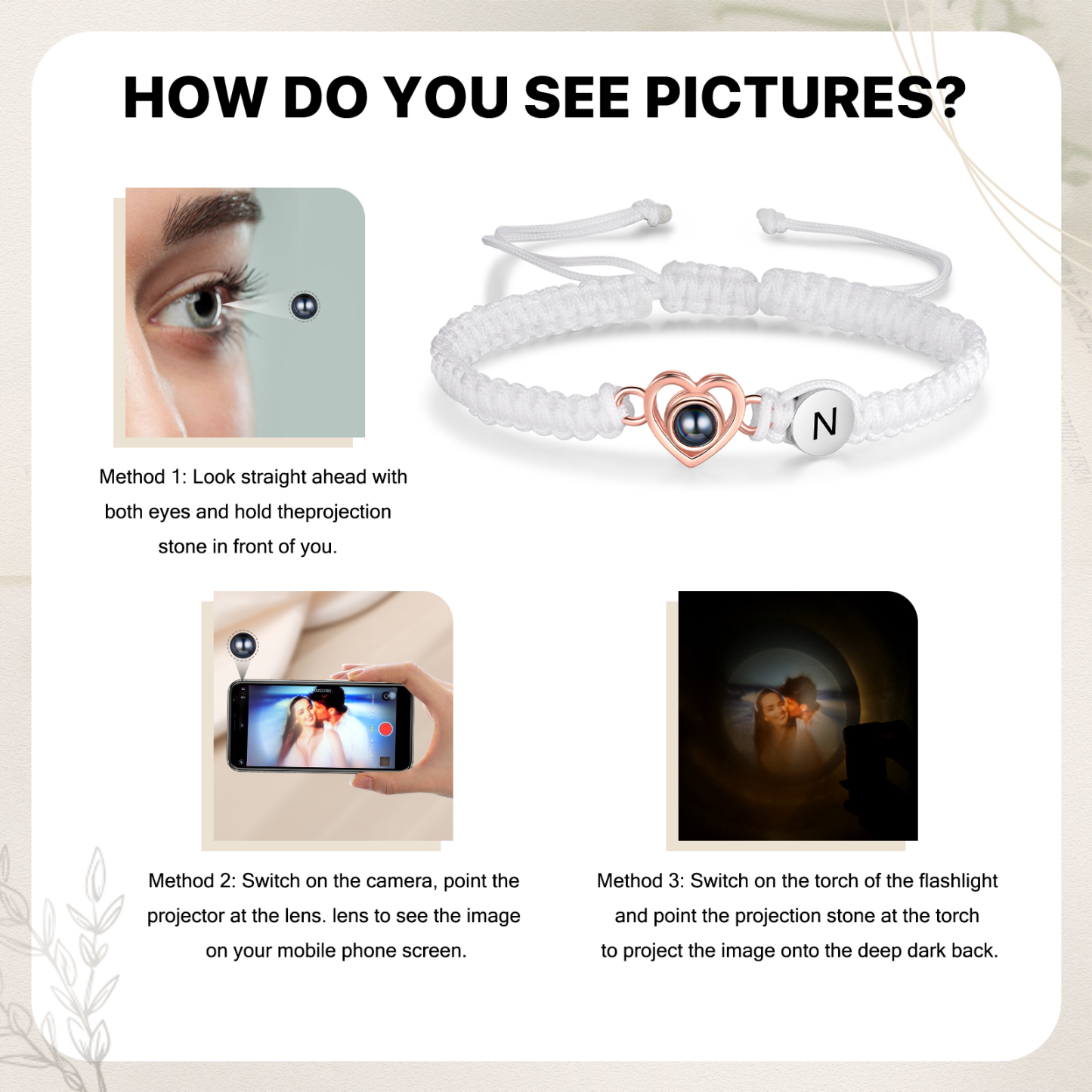 Pulsera con proyección de foto en color con dije de corazón y 2 colores de cuerda ajustable-Jessemade ES