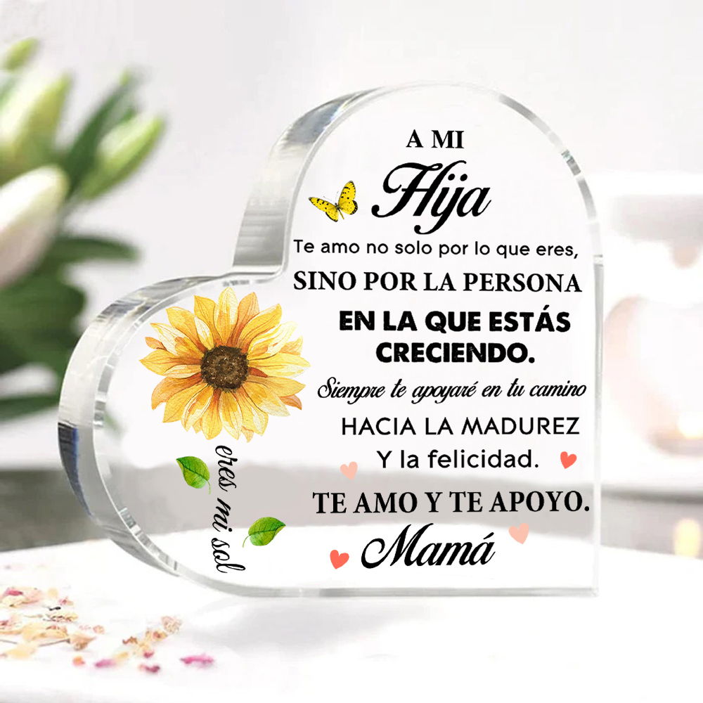 A mi hija-Placa de acrílico en forma de corazón de girasol con 1 nombre personalizado-Jessemade ES