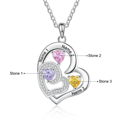 Collar para Mujer de Corazón 3 Nombres Personalizados y 3 Piedras de Nacimiento