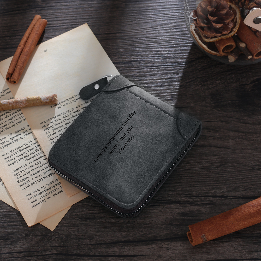 Cartera, billetera con cierre con 1 foto y 3 textos personalizados, monedero clásico para hombre | Jessemade