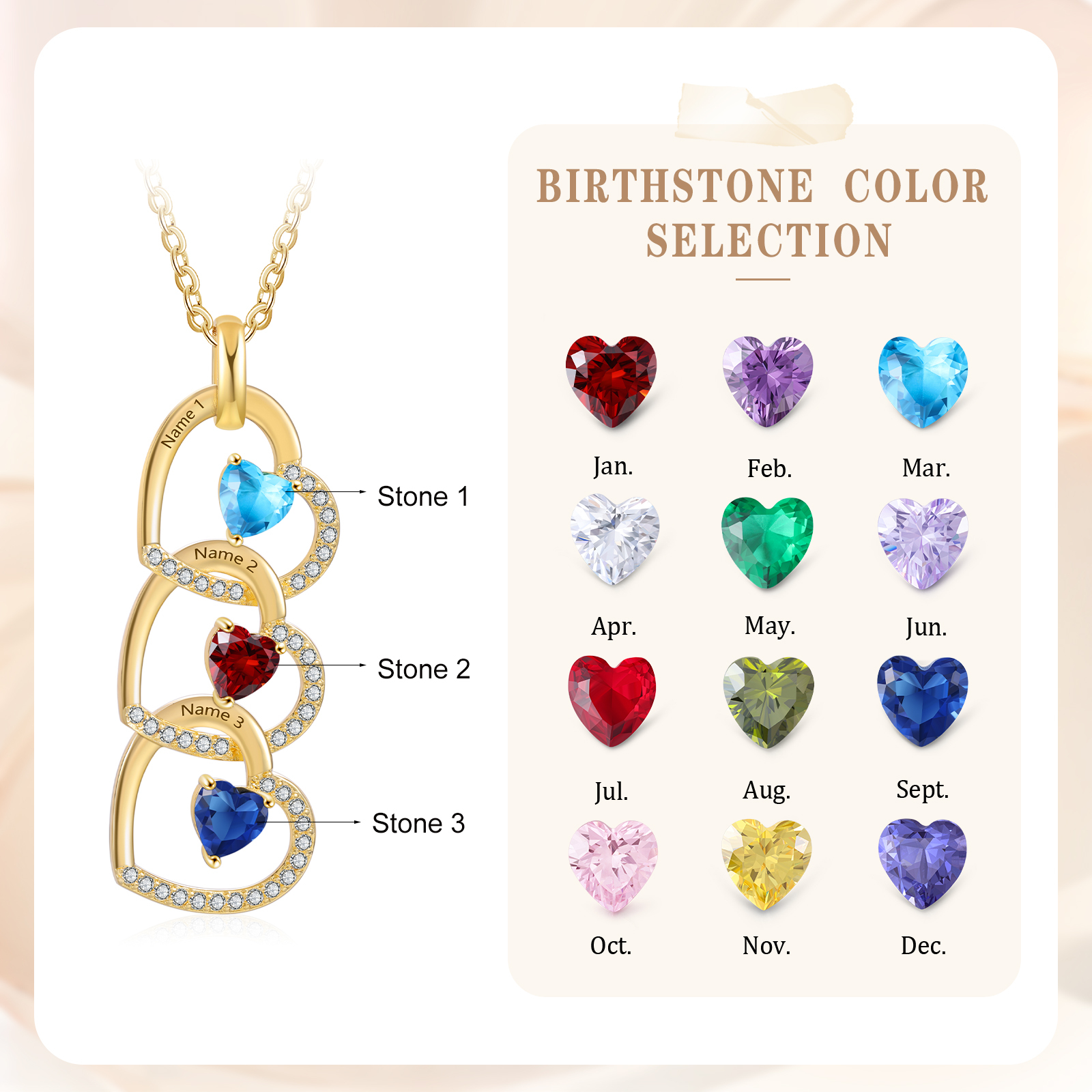 Collar corazones con 1-3 nombres personalizados y 1-3 piedras de nacimiento-Jessemade ES
