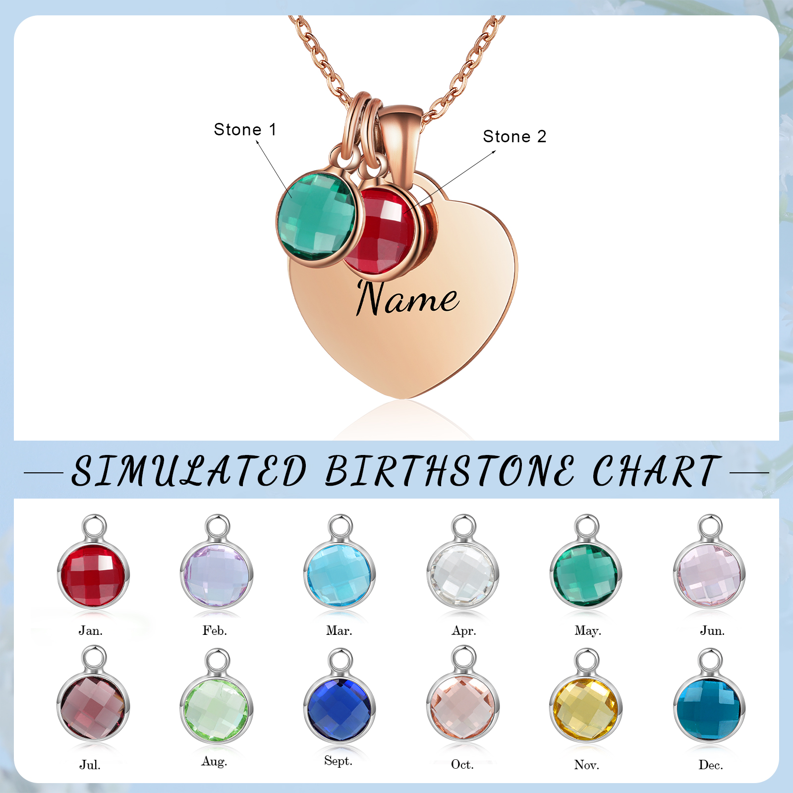 Collar de corazón con 1-3 colgantes de piedras de nacimiento con 1 nombre-Jessemade ES