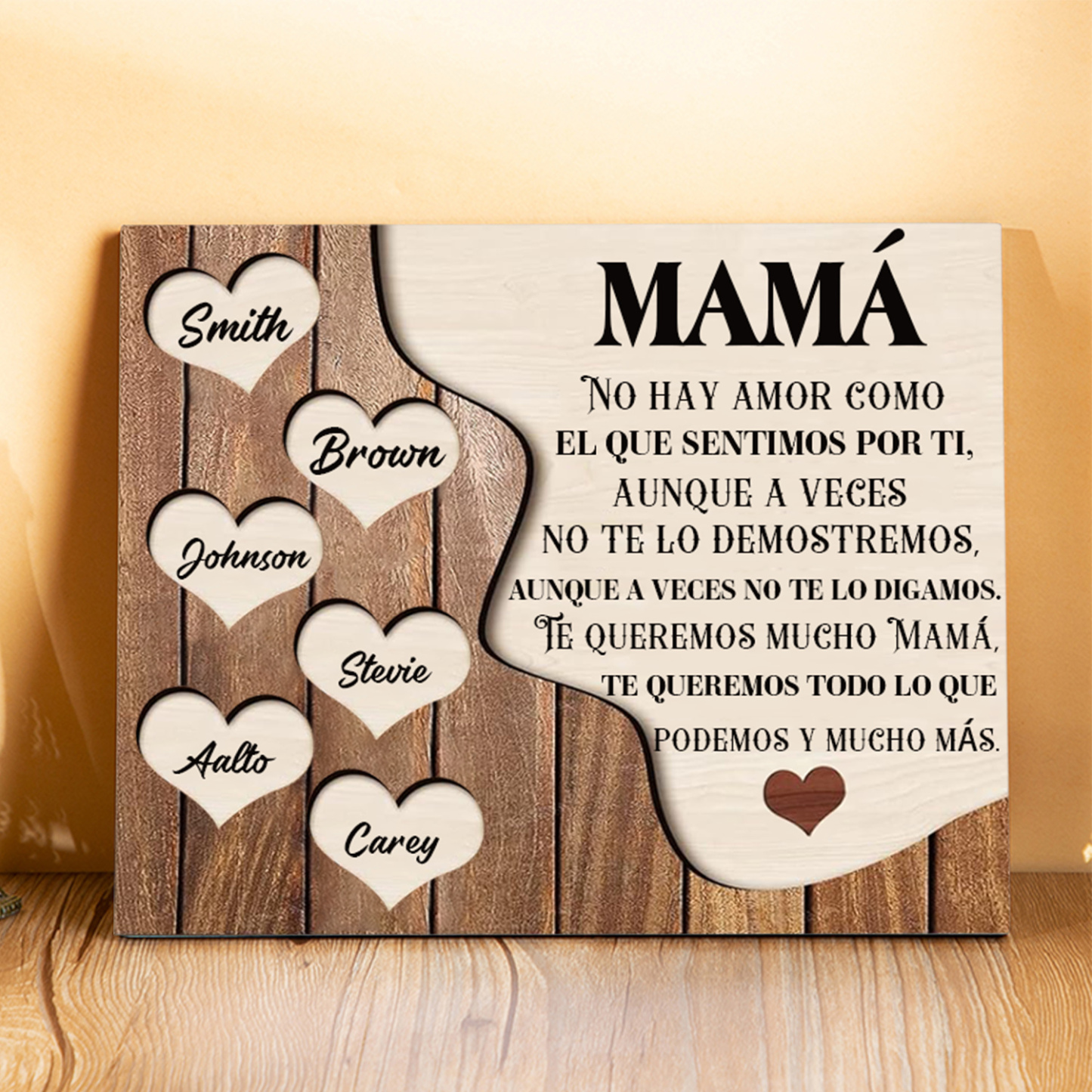 A mi mamá - Lámina 2-8 nombres personalizados marco de madera cara y corazones-Jessemade ES