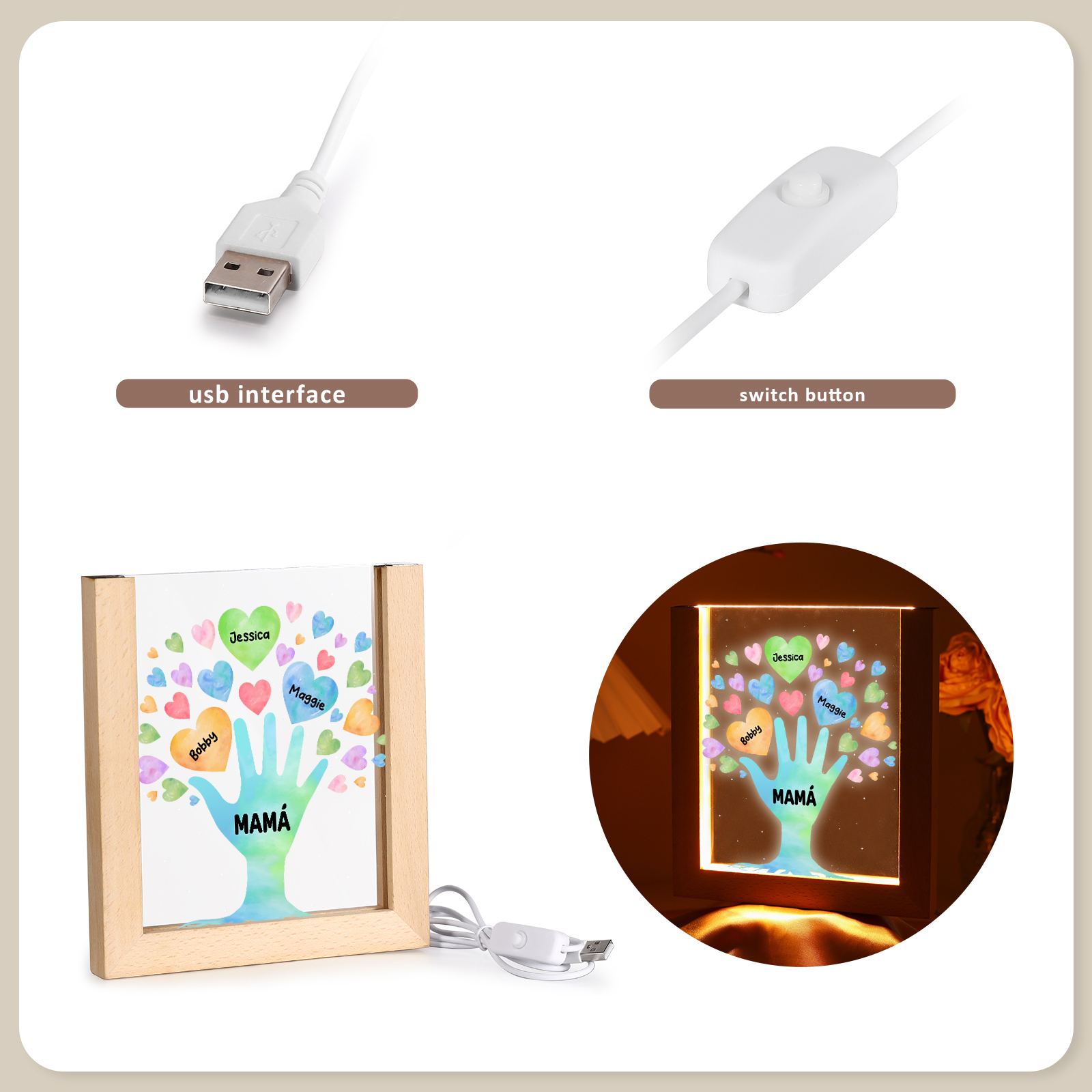 A mi mamá/abuela-Lámpara Personalizada con 2-8 Nombres y Texto "árbol y corazones" 3D Ilusión Luz de Noche-Jessemade ES