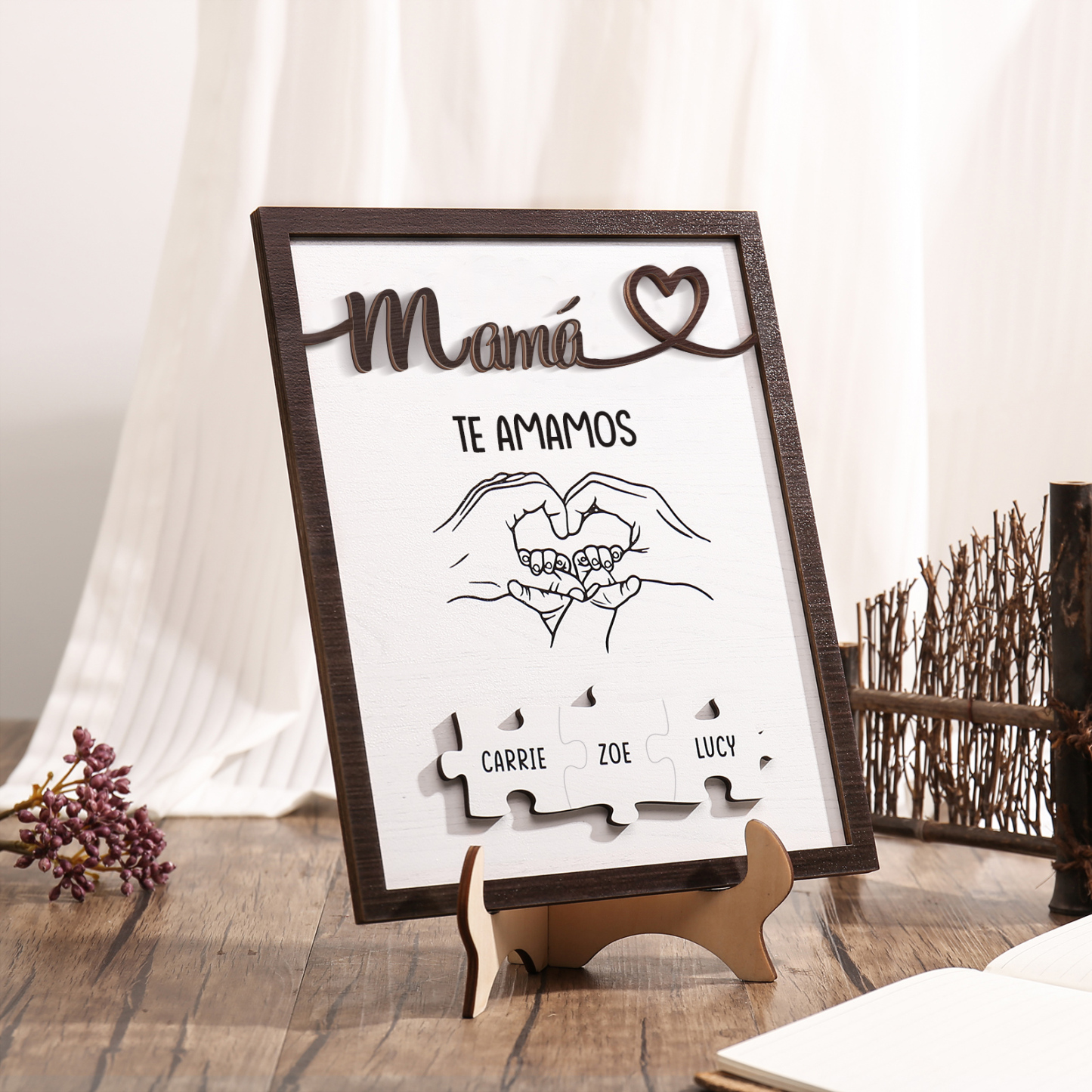 A mi mamá-Adorno 2-6 nombres y 1 texto personalizados decoración de madera rompecabezas-Jessemade ES