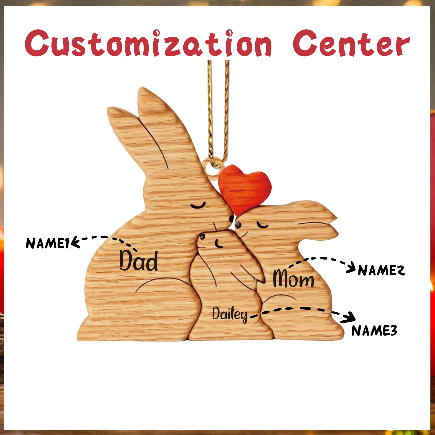 Navidad-Ornamento muñecos navideño de madera familia de conejos 3 nombres personalizados adorno del árbol-Jessemade ES