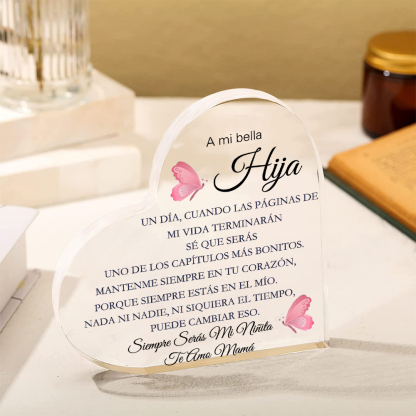A mi hija-Placa de acrílico en forma de corazón con 1 texto personalizado-Jessemade ES