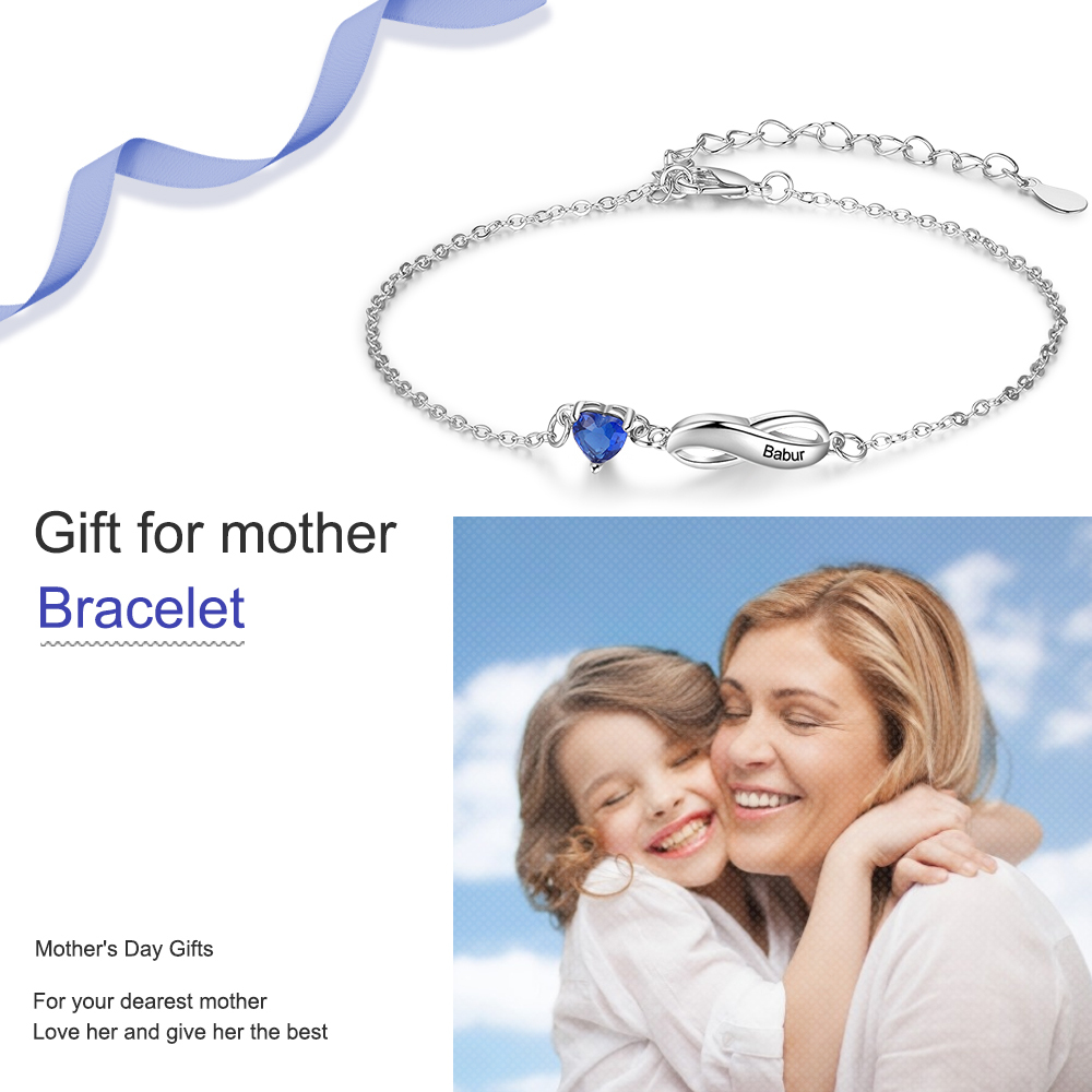 Pulsera "infinito" personalizada con 1 nombre y 1 piedra de nacimiento de corazón-Jessemade ES