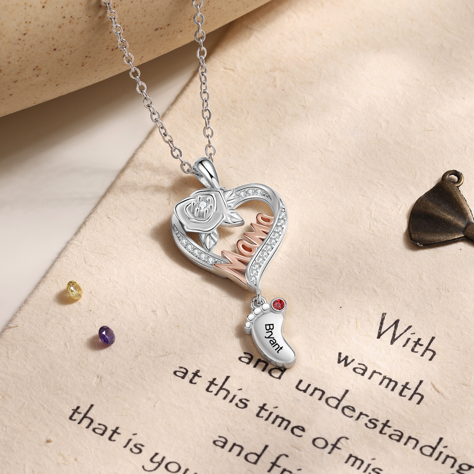 Collar "Mama" con 1-5 colgantes de huella personalizada con 1-5 nombres y piedras de nacimiento-Jessemade ES