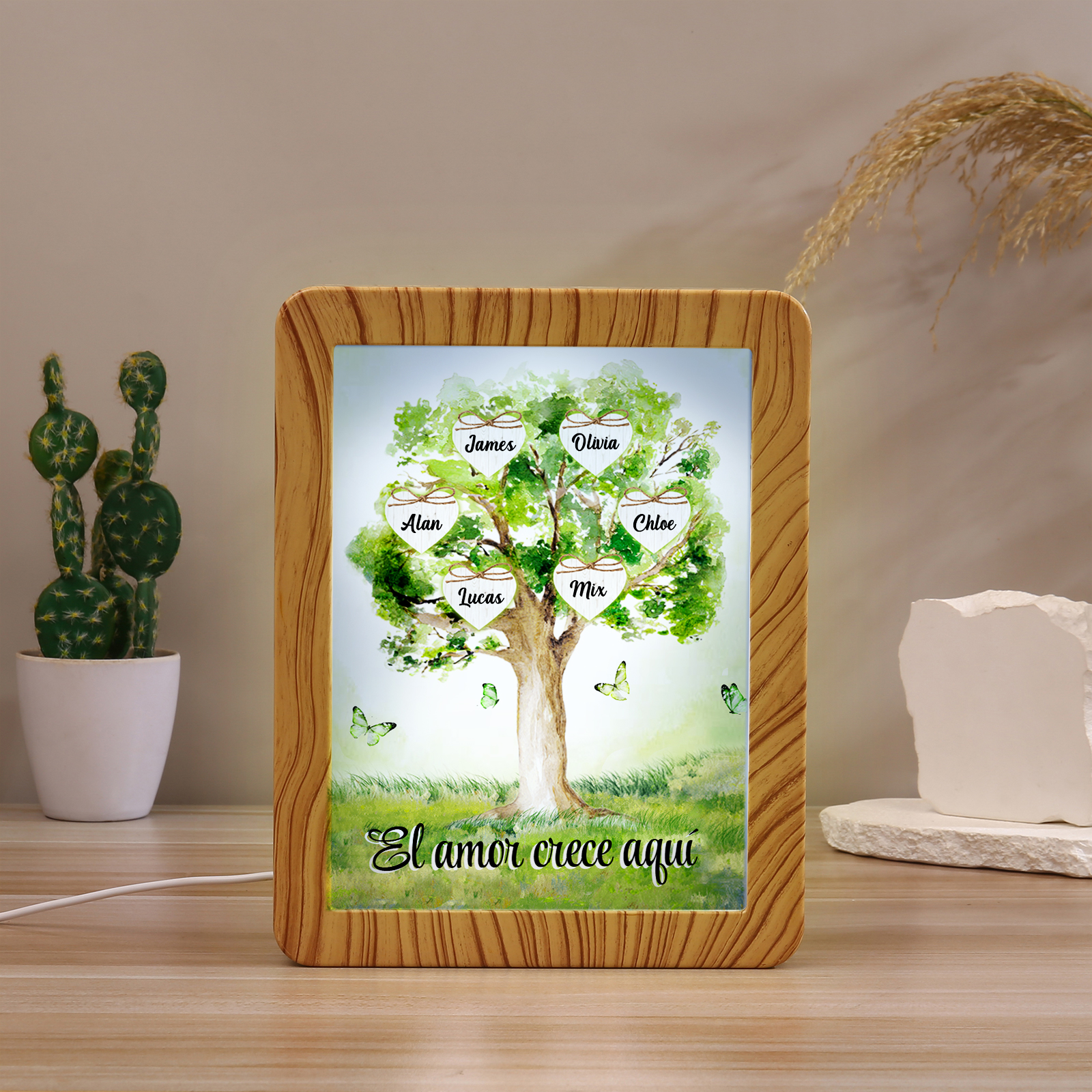 Marco/Espejo con LED Multifuncional Árbol de la Vida 2-8 Nombres Personalizados con 1 Texto-Jessemade ES