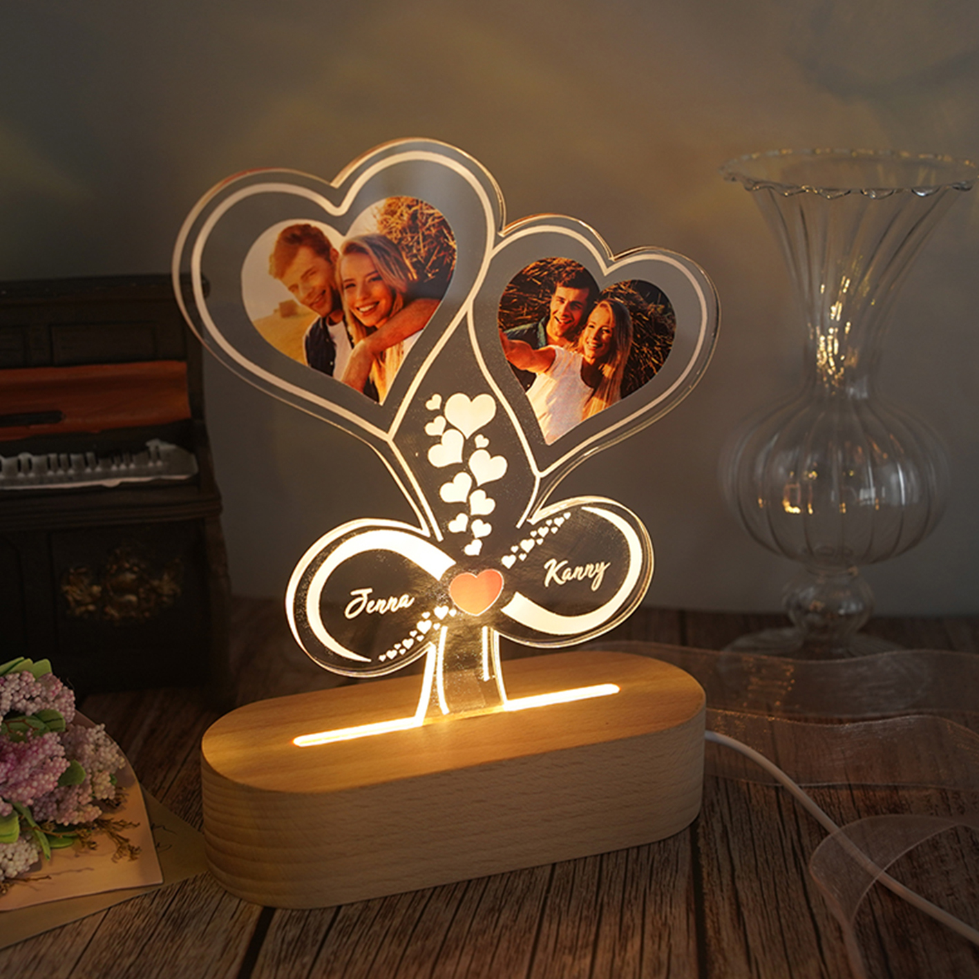 Lámpara para pareja 3D Ilusión Luz de Noche LED de corazón 2 nombres y 2 fotos personalizados-Jessemade ES