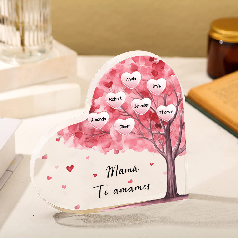A mi mamá/abuela-Placa de acrílico "Árbol" en forma de corazón 7 nombres y 1 texto personalizados-Jessemade ES