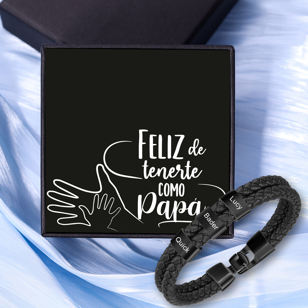 A mi papá-Pulsera de cuero trenzado 3 aros con 3 nombres personalizados pulsera de hombre-Jessemade ES